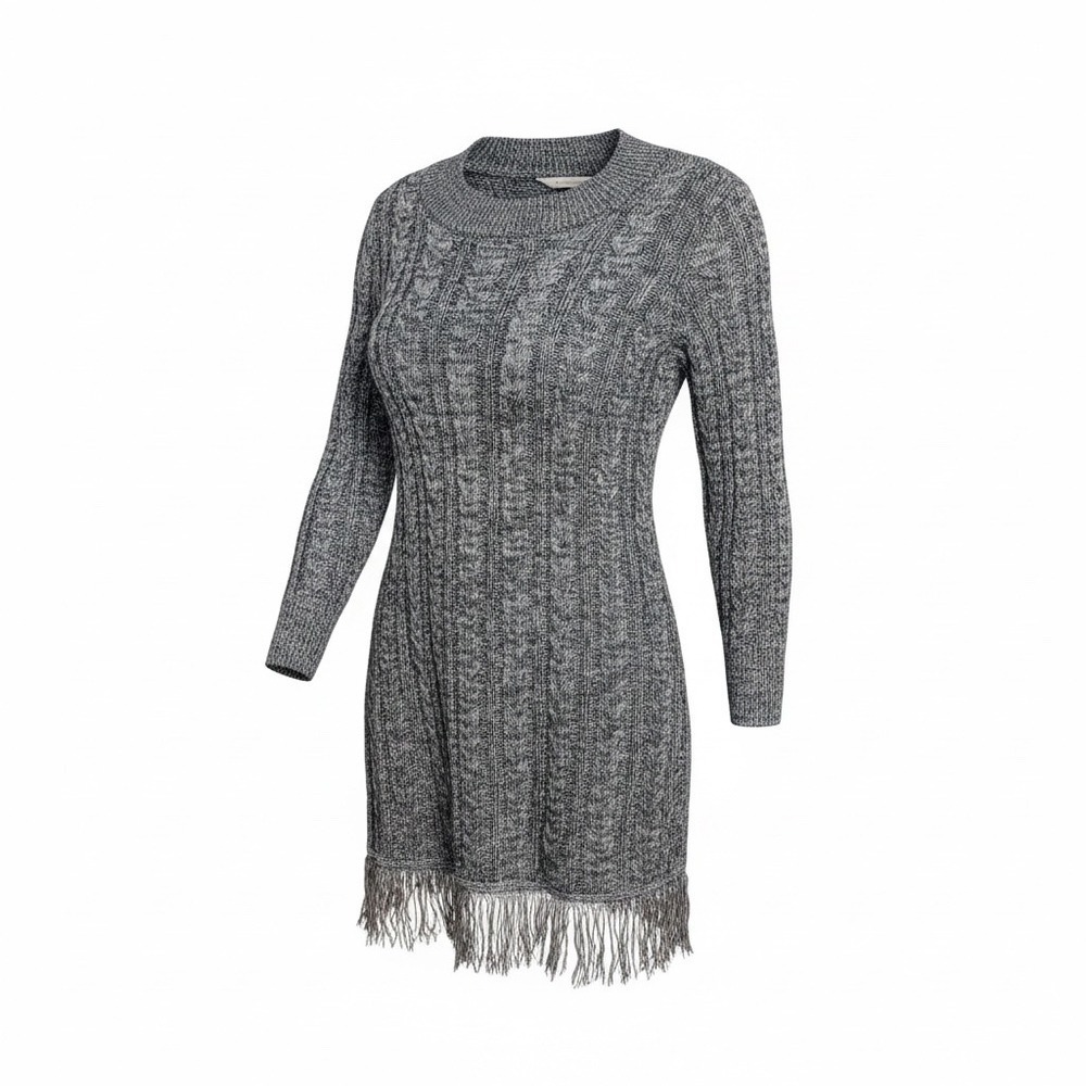Soft Surroundings Dress PL Charcoal Gray Neve Dress Sweater Cable Knit Fringe